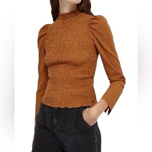 SCOTCH & SODA Smocked High Neck Gingham Check Print Top Brown - LRG Cottagecore